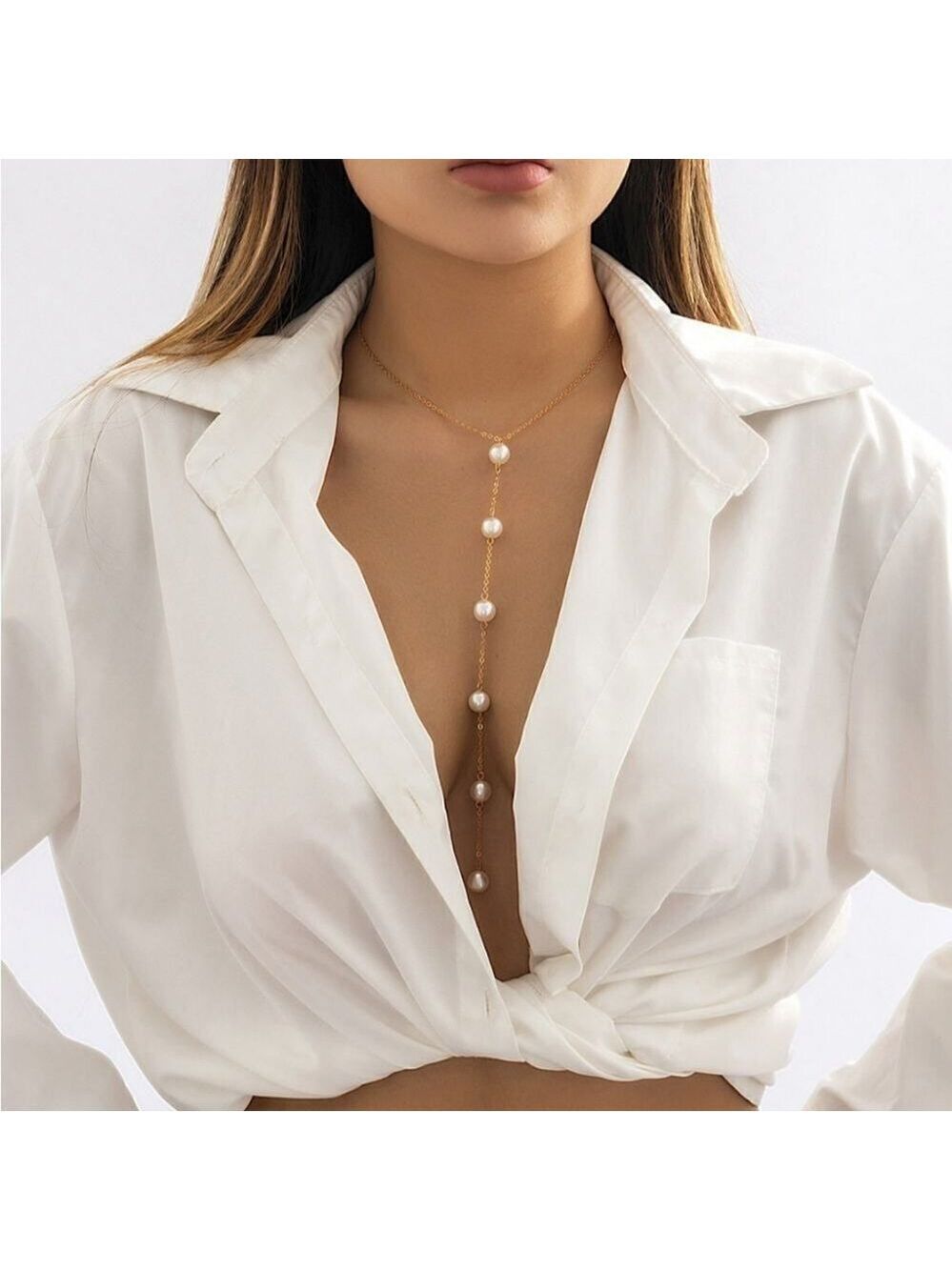 Pearl Y Shaped Necklace Long Pendant Dainty Pearl Drop Silvery or Golden Chain
